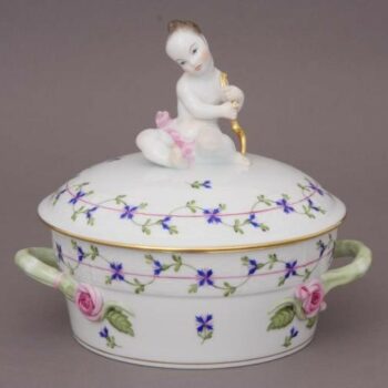 Vegetable dish, putto knob- Petite Blue Garland