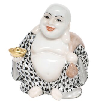 Herend Laughing Buddha Figurine Black Fishnet