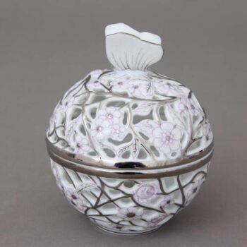 06214-0-17 CPTL Bonbonniere, open-work, Butterfly knob - Platinum Purple Hand cut and hand painted in Herend Porcelain Manufactory. Comes with gift packaging and certificate.