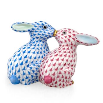 Kissing Bunnies Figurine - Fishnet Blue + Pink