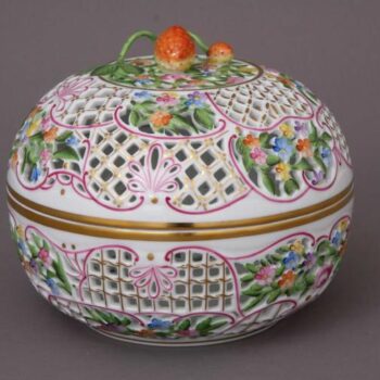 Herend Large Open-Woek Bonbon with Stawberry Knob One of the largest open-work bonbon is handcut by Herend's artist 19.5 diameter. A true masterpiece, comes in a gift box and with a certificate of origin. Special order from Hungary